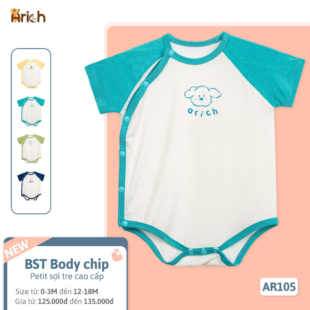 Newborn - 18 tháng,Body chip cài lệch Arich phối hình in ngộ nghĩnh