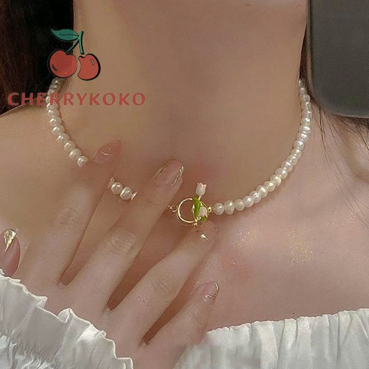 🍒🍒CHERRYKOKO Vòng cổ Hình Hoa Tulip Đính Ngọc Trai Nhân Tạo Thời Trang