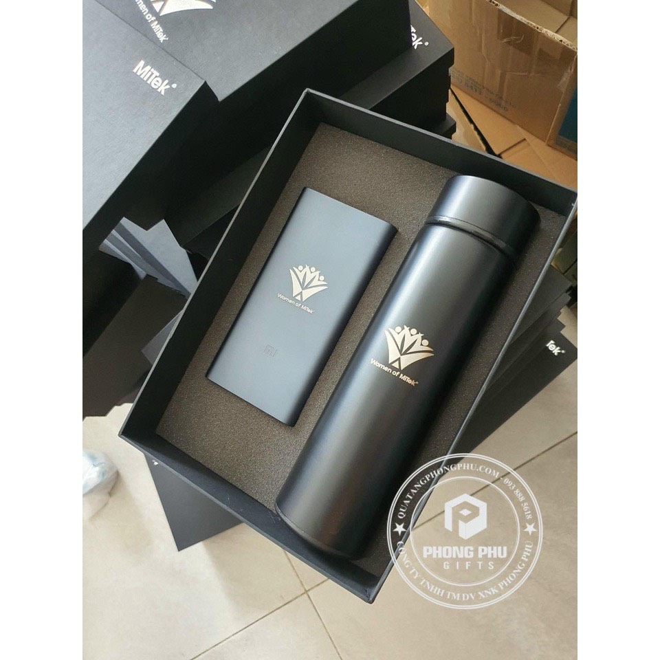 Combo quà tặng Pin Sạc Dự Phòng Xiaomi 10000mAh Gen 3 18W + bình giữ nhiệt  - in khắc tên, logo