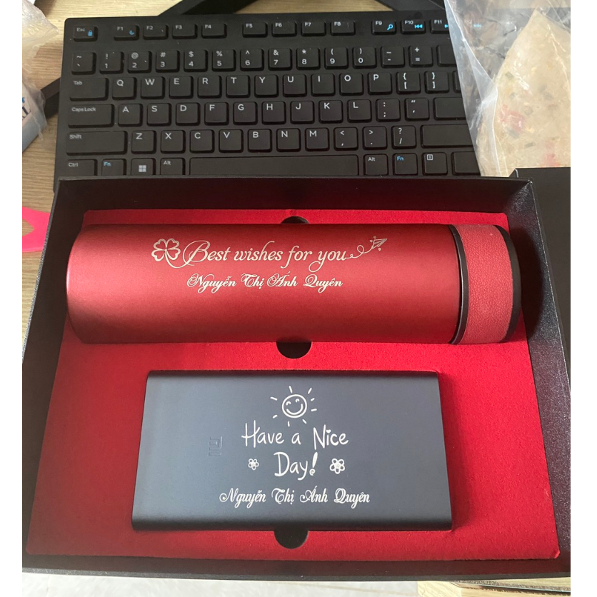 Combo quà tặng Pin Sạc Dự Phòng Xiaomi 10000mAh Gen 3 18W + bình giữ nhiệt  - in khắc tên, logo