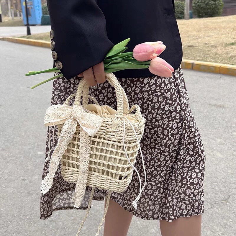 Túi cói đan tay đeo chéo thắt nơ ren Túi rơm đan thủ công siêu xinh cho bạn gái đi chơi đi du lịch chụp hình sống ảo