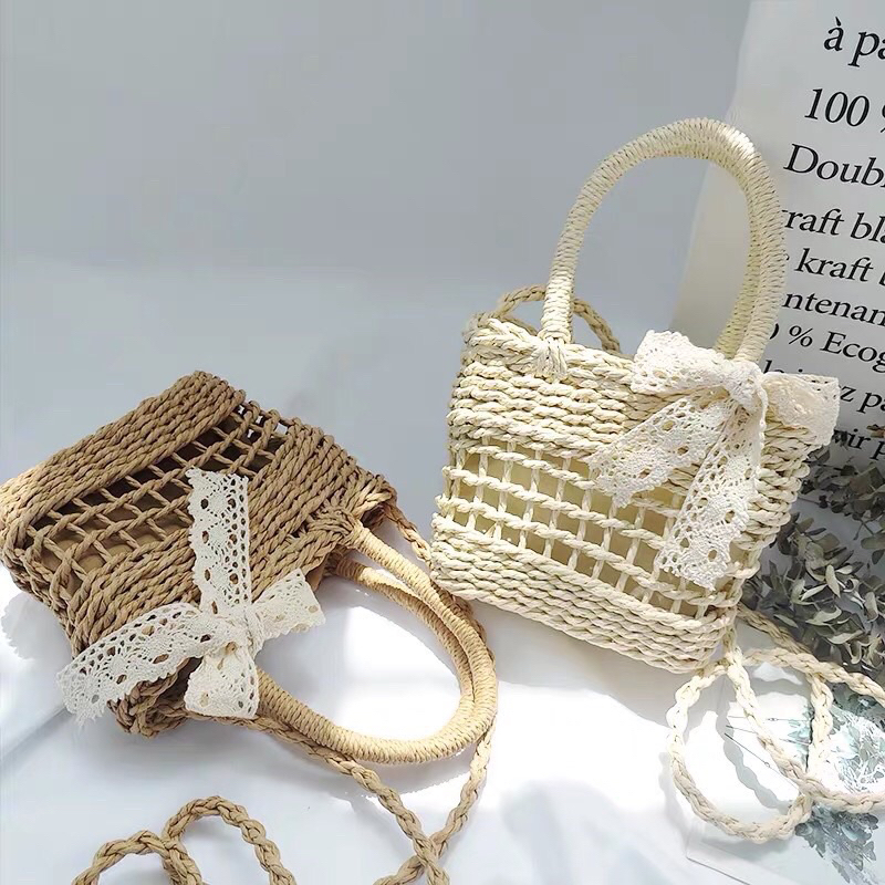 Túi cói đan tay đeo chéo thắt nơ ren Túi rơm đan thủ công siêu xinh cho bạn gái đi chơi đi du lịch chụp hình sống ảo
