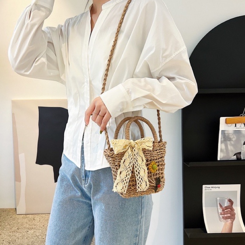 Túi cói đan tay đeo chéo thắt nơ ren Túi rơm đan thủ công siêu xinh cho bạn gái đi chơi đi du lịch chụp hình sống ảo