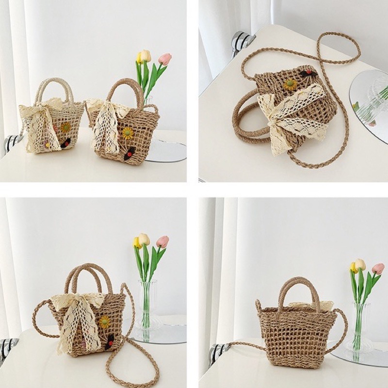 Túi cói đan tay đeo chéo thắt nơ ren Túi rơm đan thủ công siêu xinh cho bạn gái đi chơi đi du lịch chụp hình sống ảo