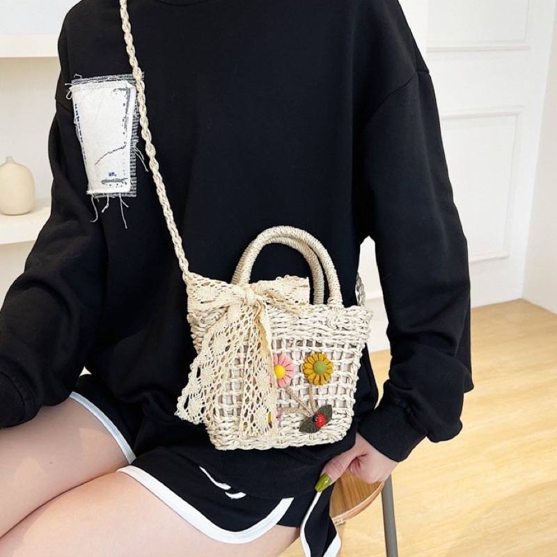 Túi cói đan tay đeo chéo thắt nơ ren Túi rơm đan thủ công siêu xinh cho bạn gái đi chơi đi du lịch chụp hình sống ảo
