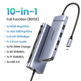 Hub usb c 10 in 1 ugreen 80133 usb c to 3 usb 3.0 + hdmi 4k + vga + rj45 gigabit + sd/tf + audio 3.5mm + pd power delive