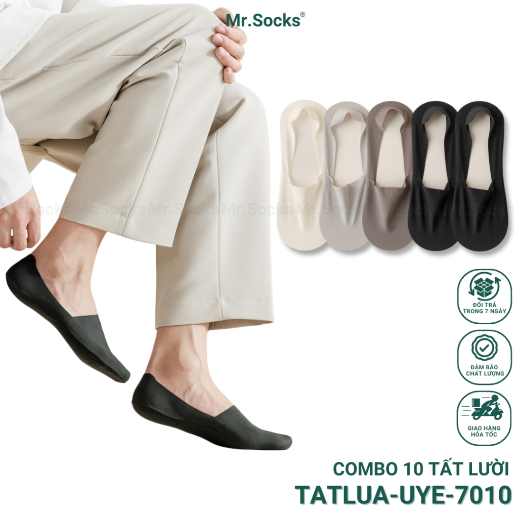 Combo 10 đôi tất nam tàng hình Mr.Socks có silicon chống tụt gót, chất lụa cực mềm và mát - TATLUA-UYE-7010-CB10