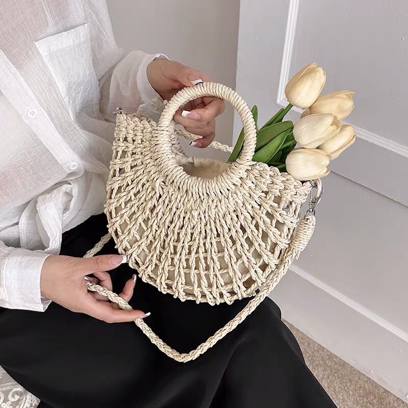 Túi cói đan tay có quai xách Túi rơm đeo chéo nâu be đi chơi đi du lịch