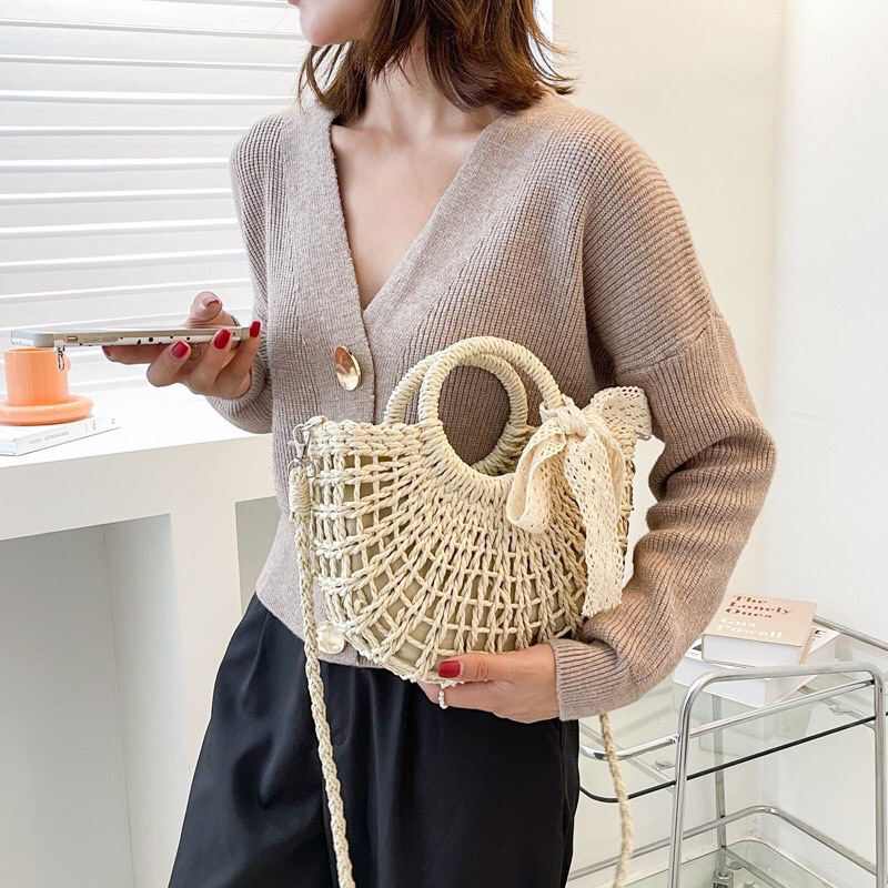 Túi cói đan tay có quai xách Túi rơm đeo chéo nâu be đi chơi đi du lịch