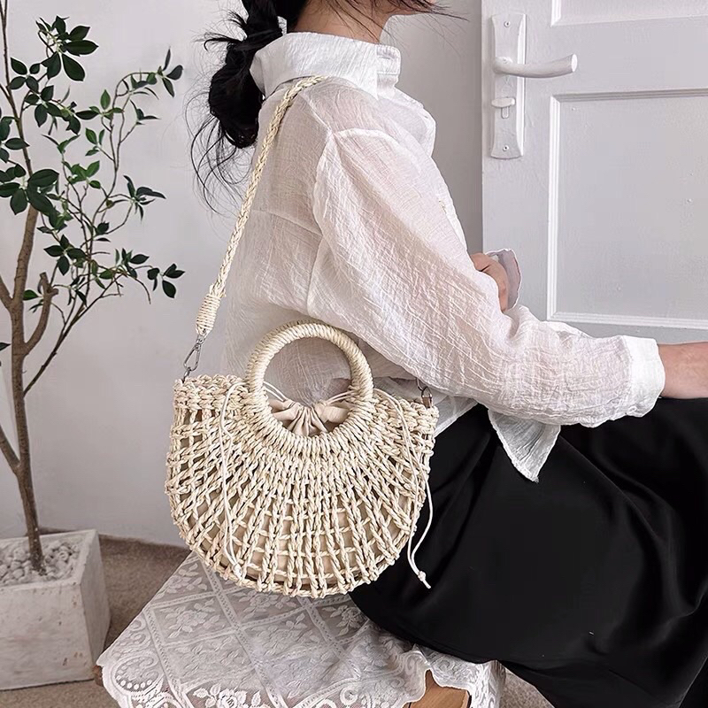 Túi cói đan tay có quai xách Túi rơm đeo chéo nâu be đi chơi đi du lịch