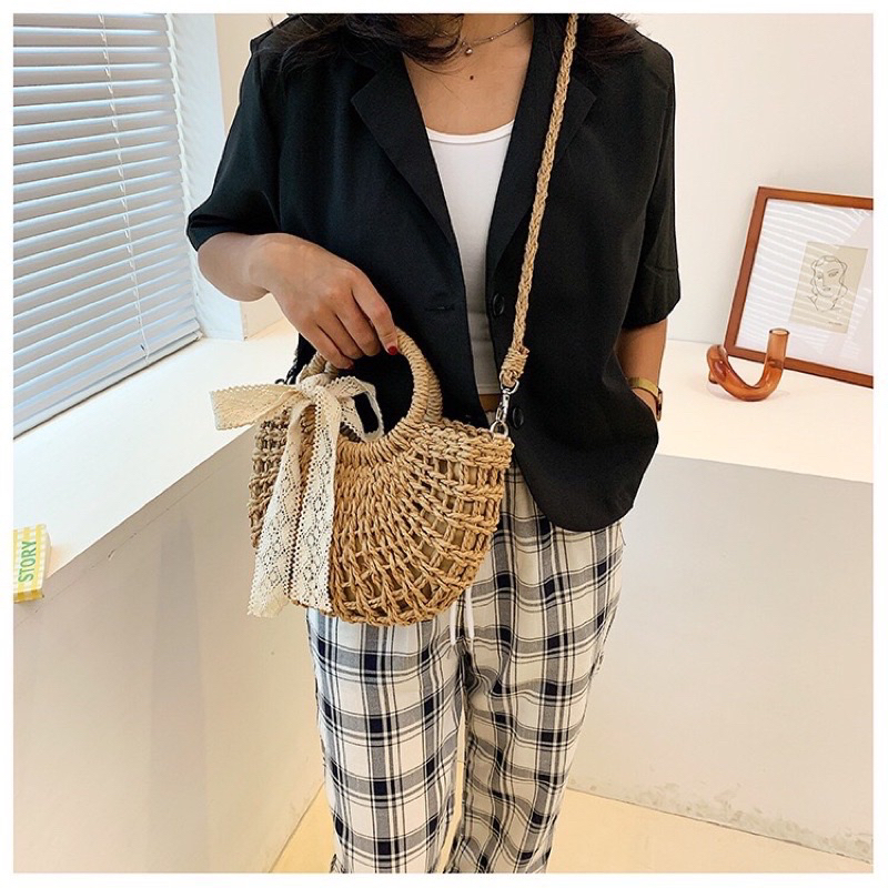 Túi cói đan tay có quai xách Túi rơm đeo chéo nâu be đi chơi đi du lịch