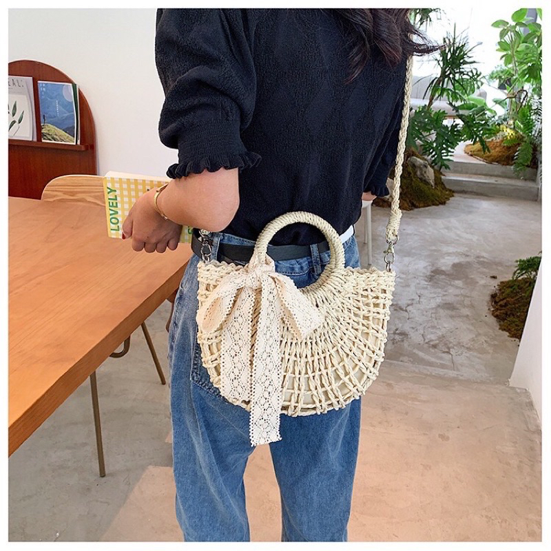 Túi cói đan tay có quai xách Túi rơm đeo chéo nâu be đi chơi đi du lịch