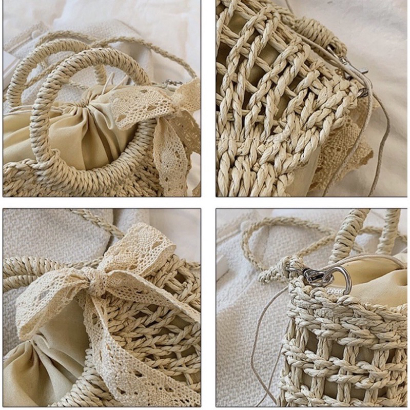 Túi cói đan tay có quai xách Túi rơm đeo chéo nâu be đi chơi đi du lịch