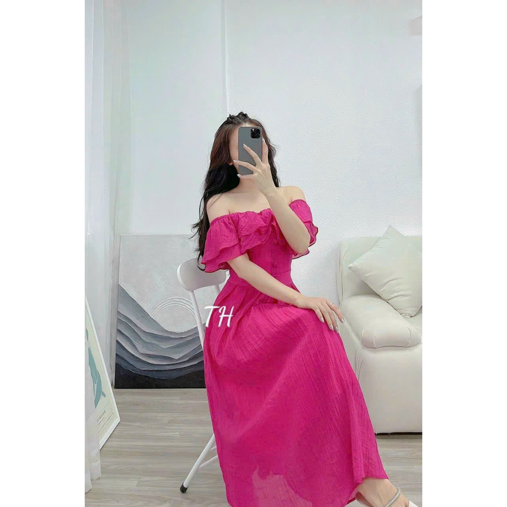 CỰC PHẨM ĐẦM BẸT VAI XẾP BÈO PHỐI NÚT BỌC MẶC CỰC TÔN DA TÔN DÁNG ĐẸP XUẤT SẮC CUỐN HÚT