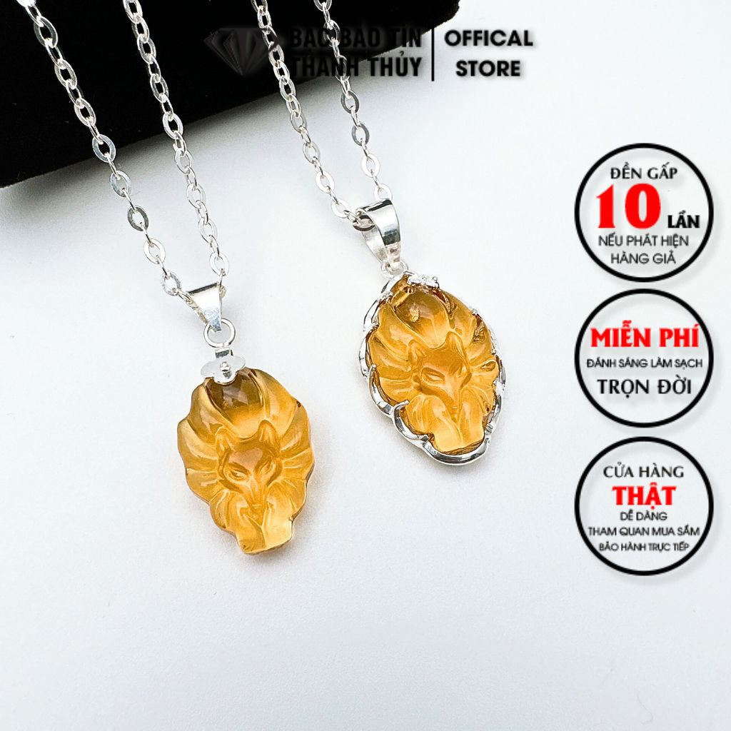Mặt dây chuyền bạc hồ ly chín đuôi Bảo Tín Thanh Thủy đá mã não màu vàng bọc bạc, chất liệu bạc ta nguyên chất
