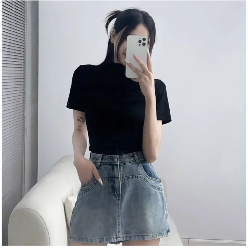 Áo thun trơn tay ngắn cổ zip dáng basic co giãn tốt siêu tôn dáng Maia Aocolo228_P0K10