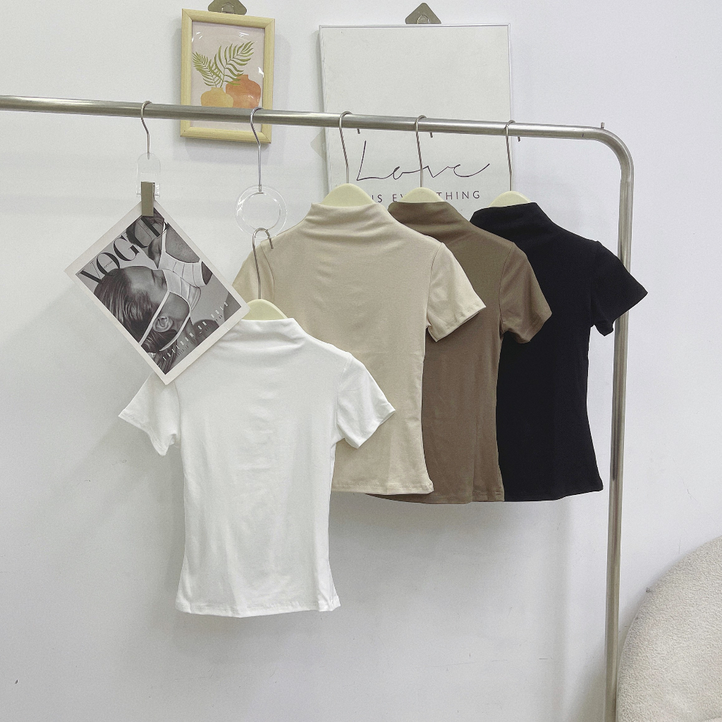 Áo thun trơn tay ngắn cổ zip dáng basic co giãn tốt siêu tôn dáng Maia Aocolo228_P0K10