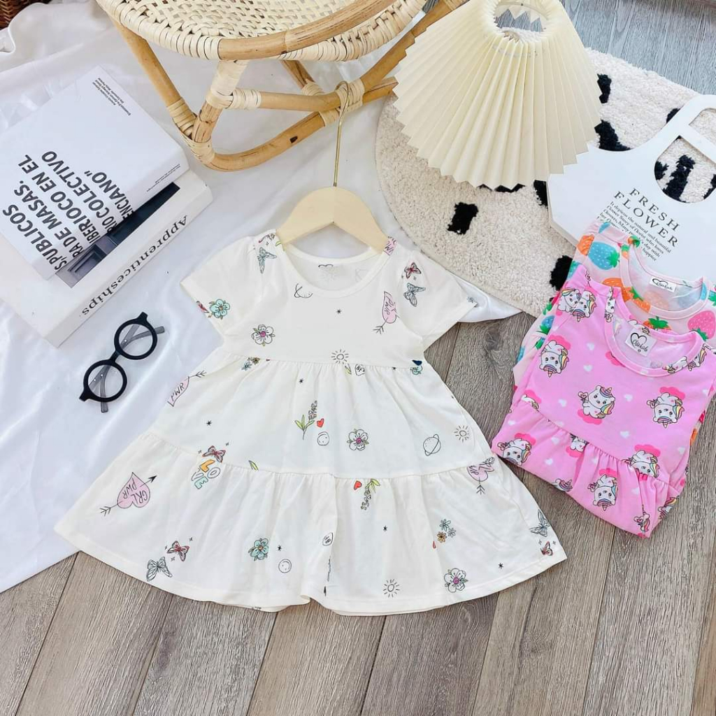 Váy cộc tay bé gái, Váy chất cotton mềm, thoáng mát cho bé từ 9 - 25 kg