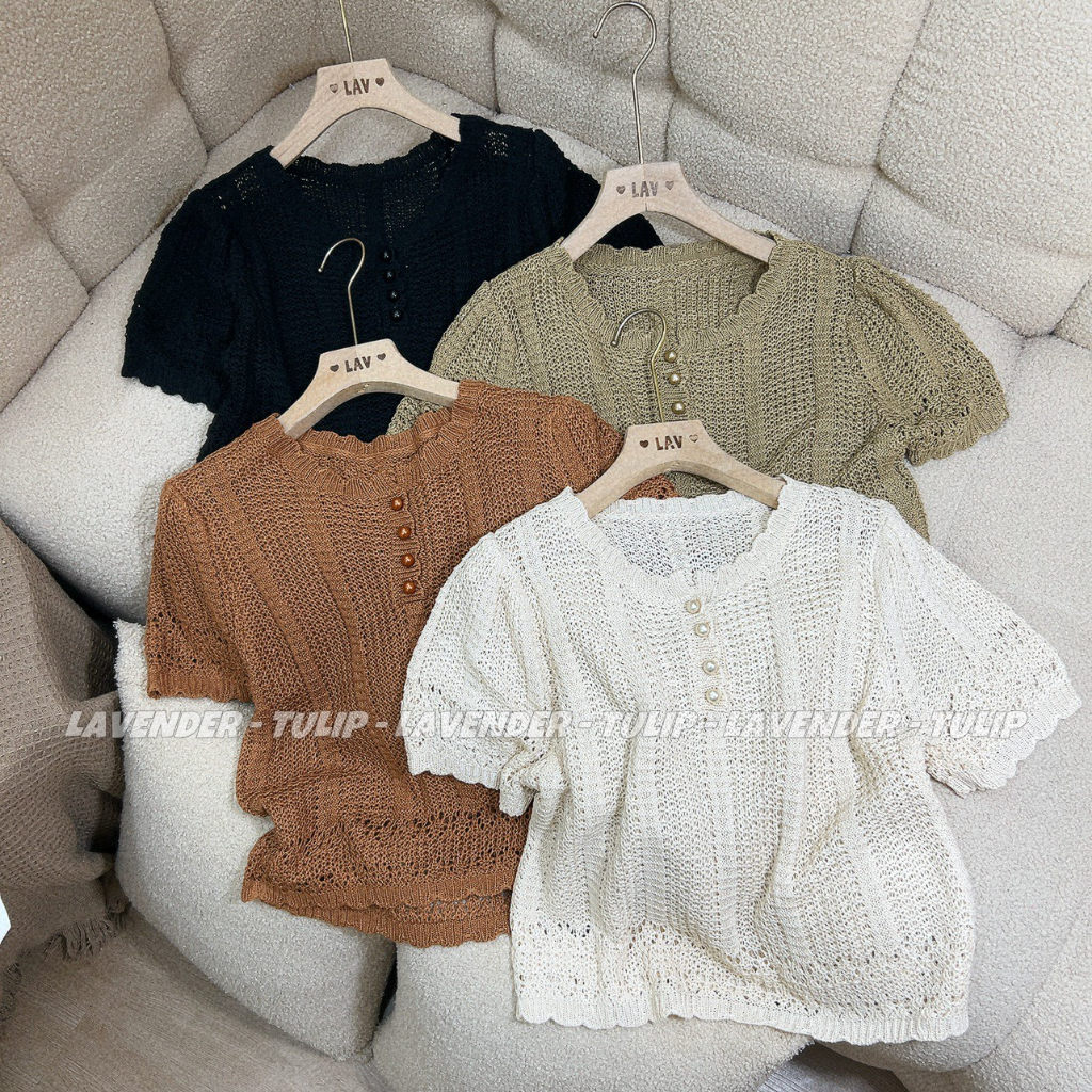 Áo len lưới tay bèo khuy ngọc đồng màu  4 màu đều đẹp xuất sắc Hàng QC freesize
