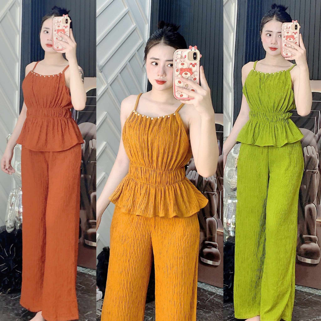 Đồ bộ nữ, set đồ bộ quần ống rộng có túi, áo 2 dây bo eo xoè đính hạt vải thun gân xốp cao cấp dày 2 lớp, bộ đồ mặc nhà