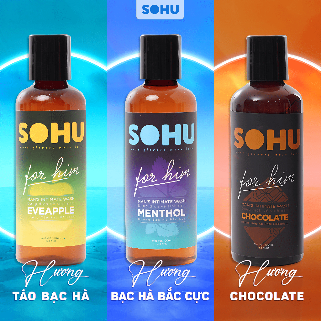 Dung dịch vệ sinh nam SOHU bạc hà bắc cực, chocolate, táo bạc hà the mát khử mùi tự nhiên lành tính chai 100ml