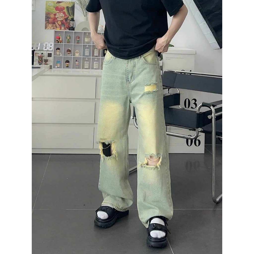 Quần jean nam baggy ống suông rộng dáng đứng vải jeans bò phom xuông cao cấp( rêu 09)