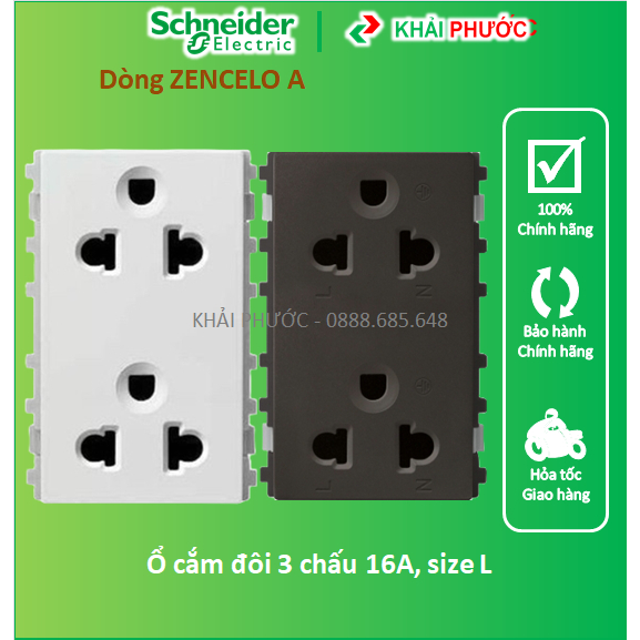 Hạt ổ cắm điện đôi 3 chấu 16A size L Zencelo A Schneider màu trắng 84426LUES2_WE_G19 đồng ánh bạc 84