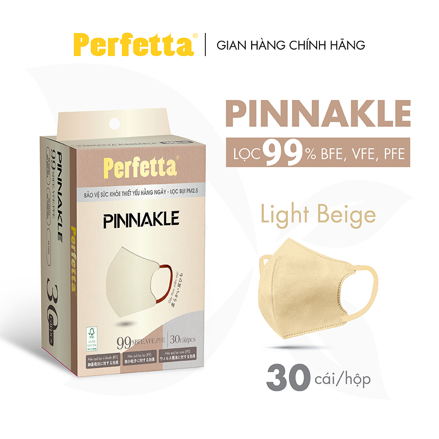 Khẩu Trang Cao Cấp Perfetta Pinnakle, 3 Lớp Kháng Khuẩn, Quai Đeo Thun Bông, Lớp Trong Mềm Mịn (30 cái/hộp)