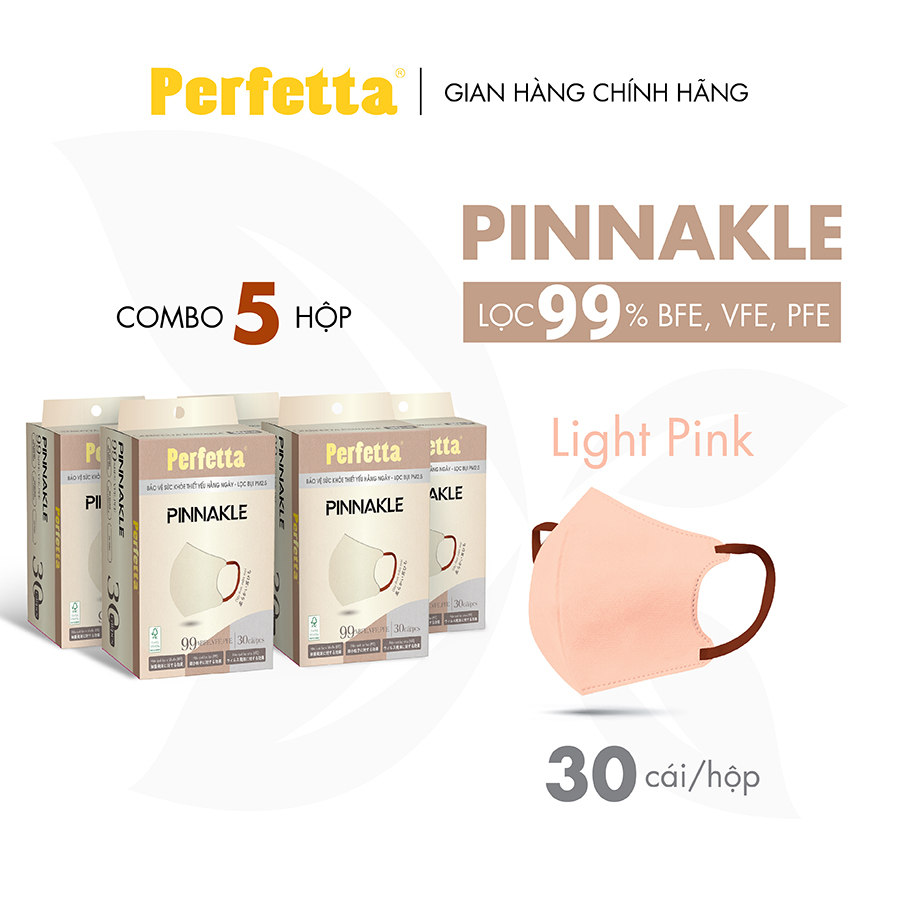 Combo 5 Hộp Khẩu Trang Cao Cấp Perfetta Pinnakle, 3 Lớp Kháng Khuẩn, Chuẩn From 3d Thời Trang (30 cái/hộp)