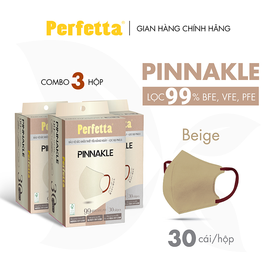 Combo 3 Hộp Khẩu Trang Cao Cấp Perfetta Pinnakle, 3 Lớp Kháng Khuẩn, Chuẩn From 3d Thời Trang (30 cái/hộp)