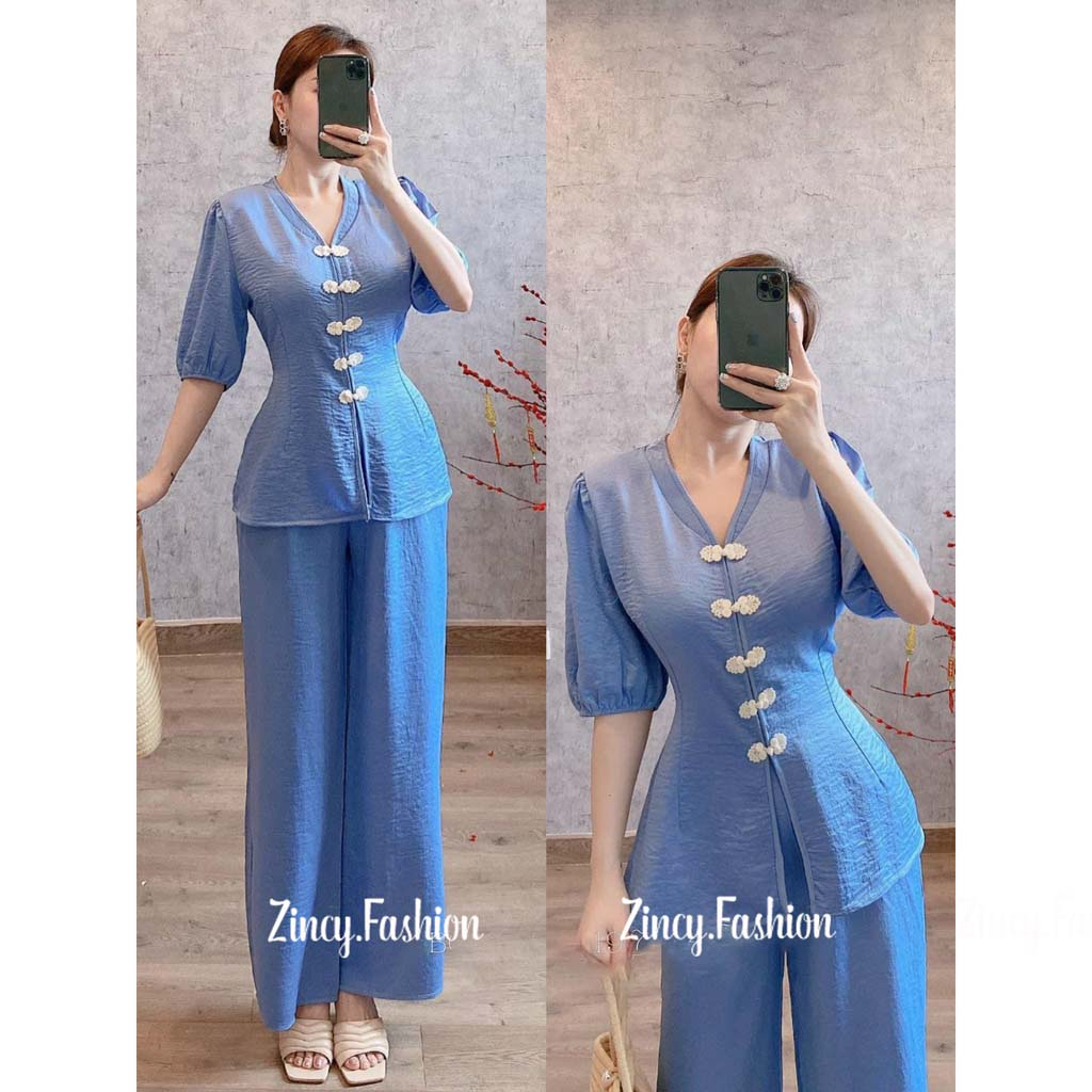 Set đồ lam form tôn dáng cổ tim thanh lịch, set đồ bộ 5 màu lựa chọn đi lễ đi chùa Zincy SLAM01