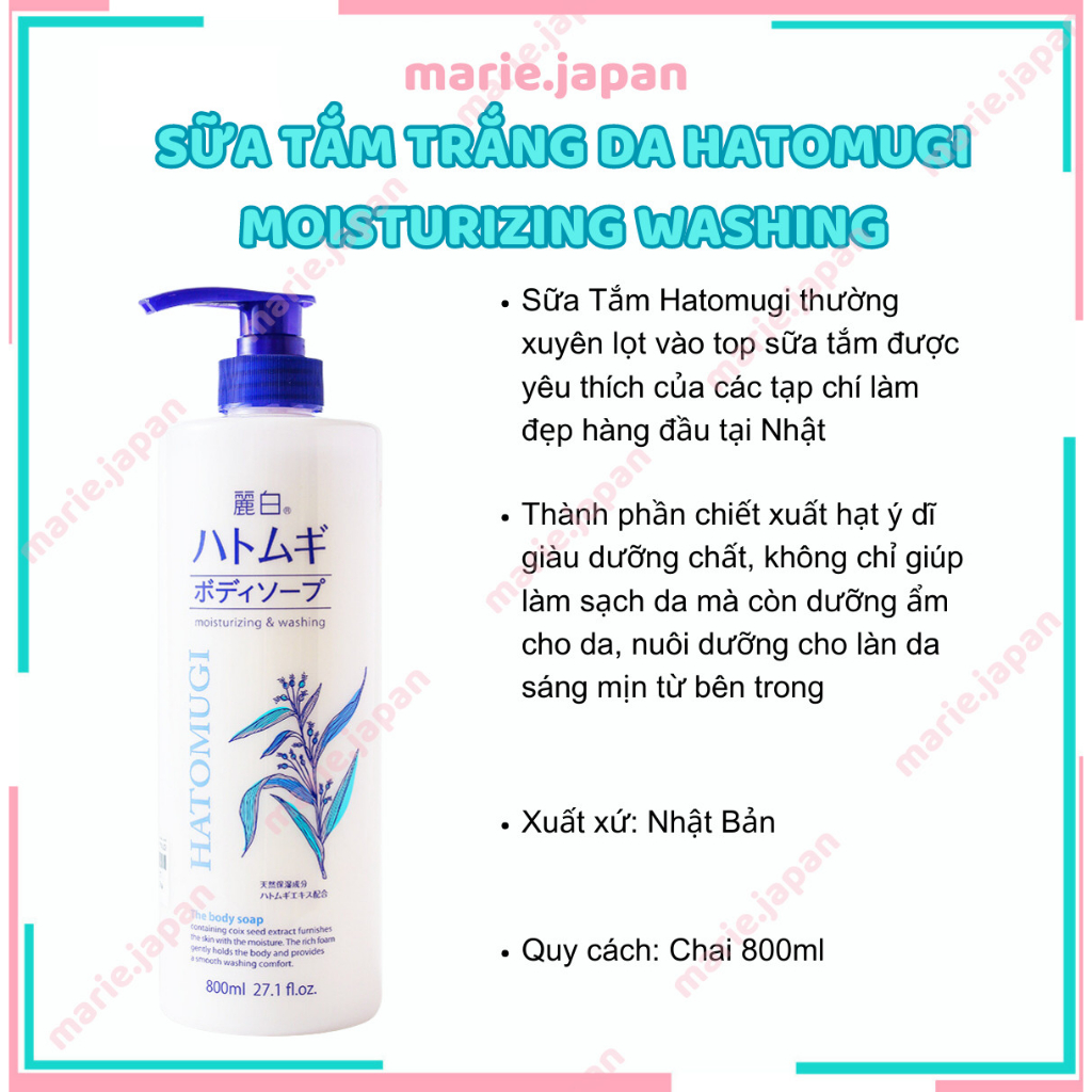 Sữa tắm trắng da Hatomugi Moisturizing Washing hạt ý dĩ 800ml Nhật Bản