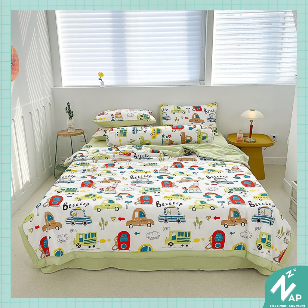 Bộ Chăn Chần Ga Giường Vỏ Gối 4 Món Cotton Đũi Cao Cấp Hoa Lá Xanh Thấm Hút Bền Bỉ Tốt Đủ Size Napbedding