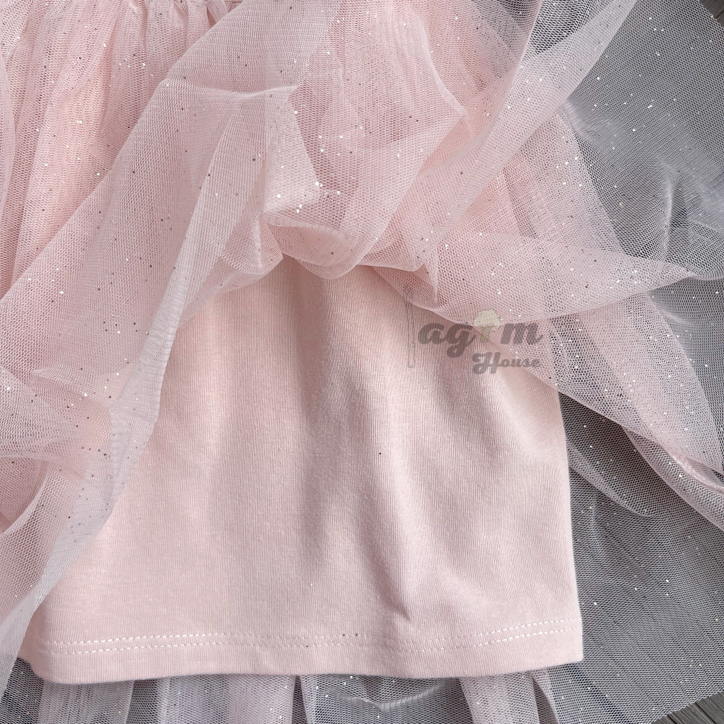 Váy hồng voan xòe nhũ kim tuyến váy công chúa HM auth cho bé gái từ 8 - 17kg - Lagim House
