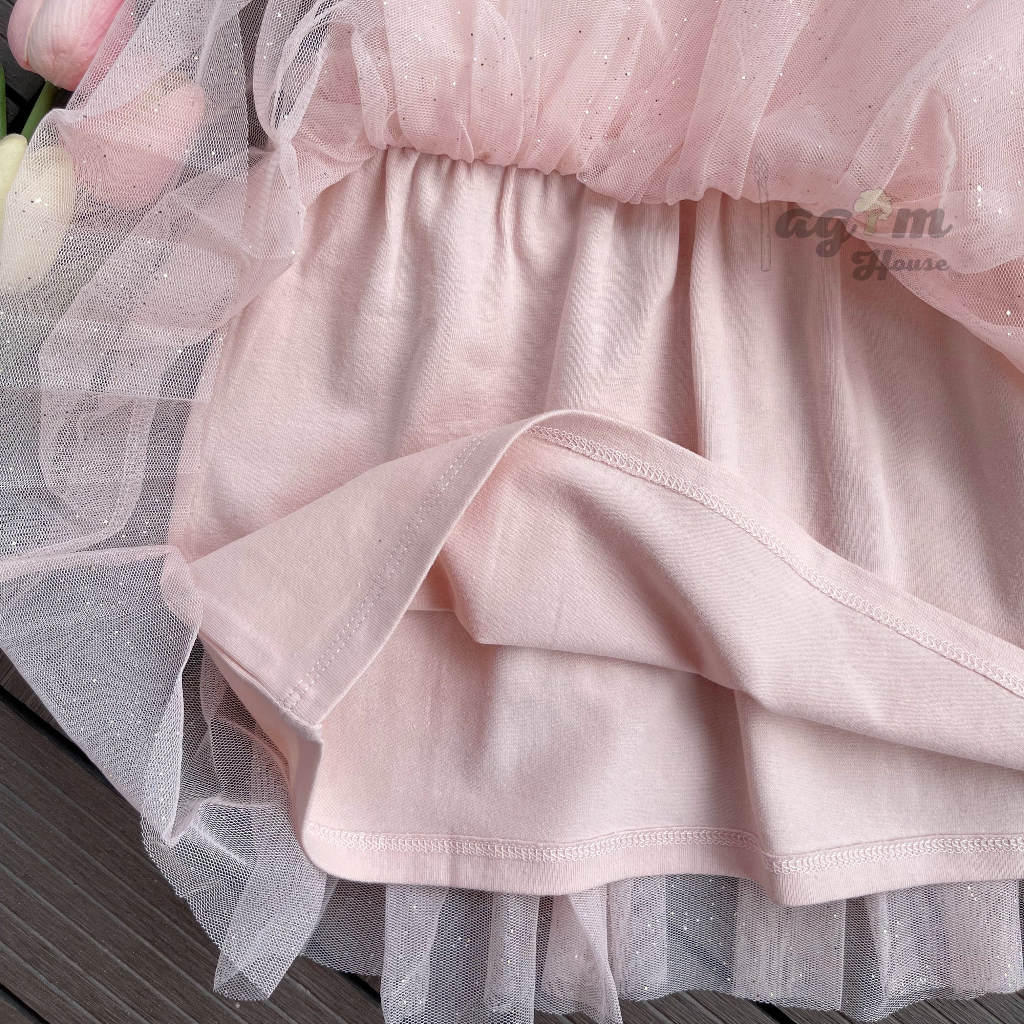 Váy hồng voan xòe nhũ kim tuyến váy công chúa HM auth cho bé gái từ 8 - 17kg - Lagim House