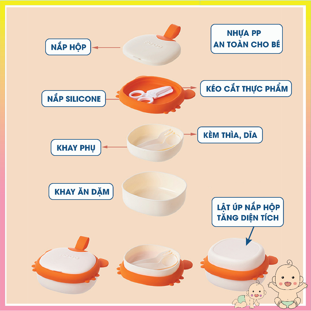 Bát Ăn Dặm Hình Cua Cho Bé Silicone 3 Tầng Kèm Thìa, Dĩa, Kéo 480ml