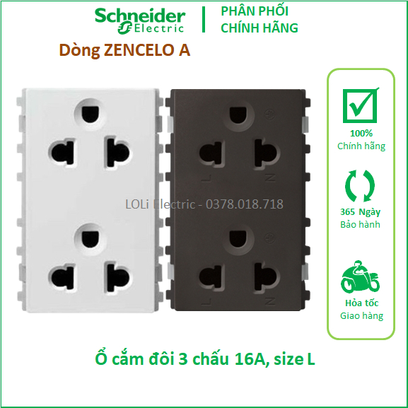 Hạt ổ cắm điện đôi 3 chấu 16A size L Zencelo A Schneider màu trắng 84426LUES2_WE_G19 đồng ánh bạc 84