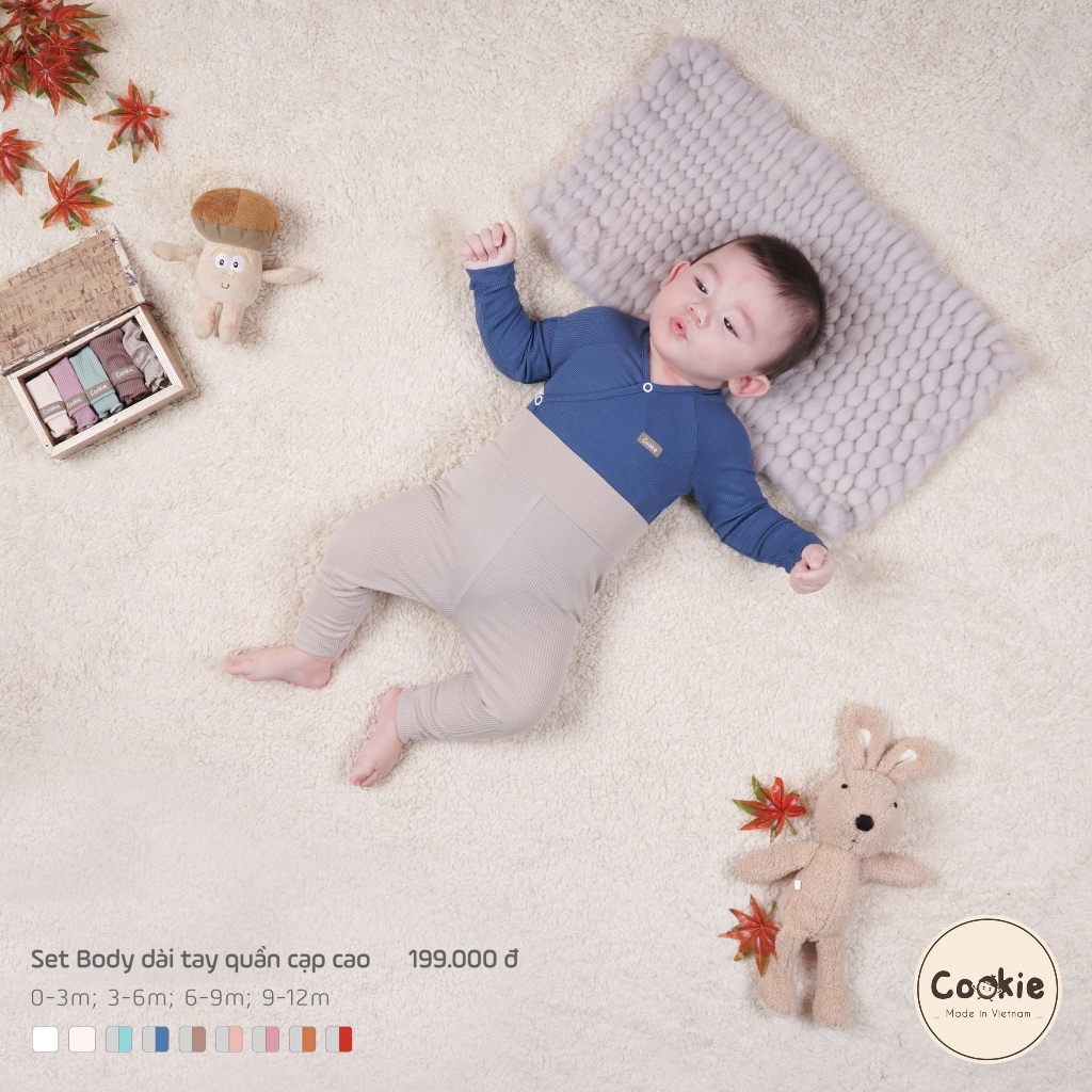 [COOKIE] Set body dài tay quần cạp cao cho bé size 0-1y