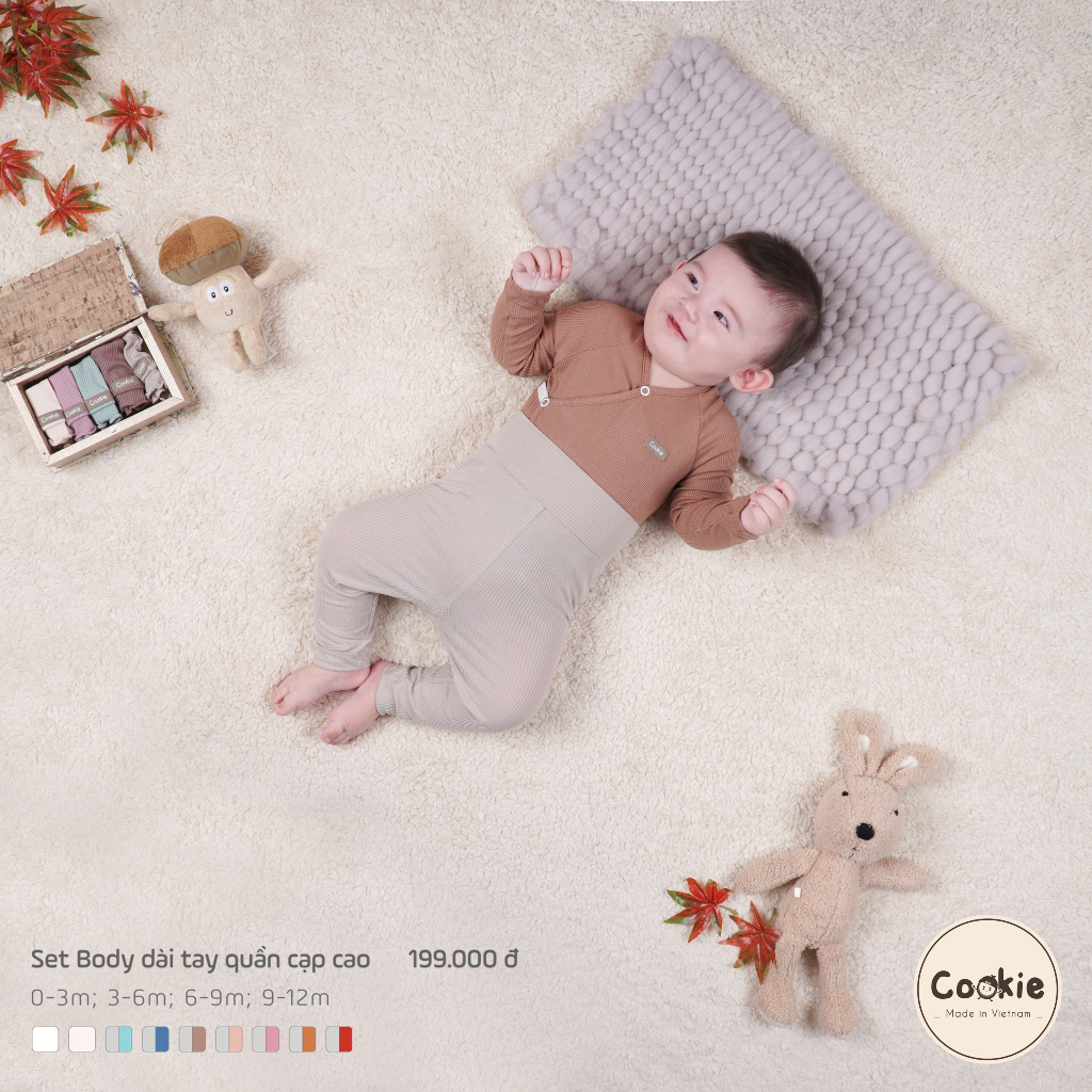 [COOKIE] Set body dài tay quần cạp cao cho bé size 0-1y