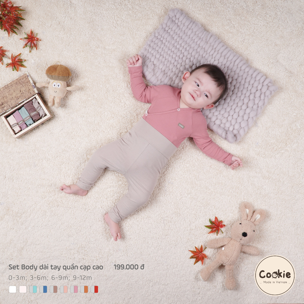 [COOKIE] Set body dài tay quần cạp cao cho bé size 0-1y