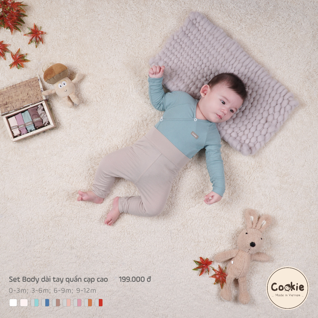 [COOKIE] Set body dài tay quần cạp cao cho bé size 0-1y