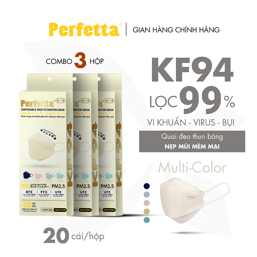 Combo 3 Hộp Khẩu trang 3 lớp Perfetta KF94 Trắng/Đen (20 Cái/Hộp)