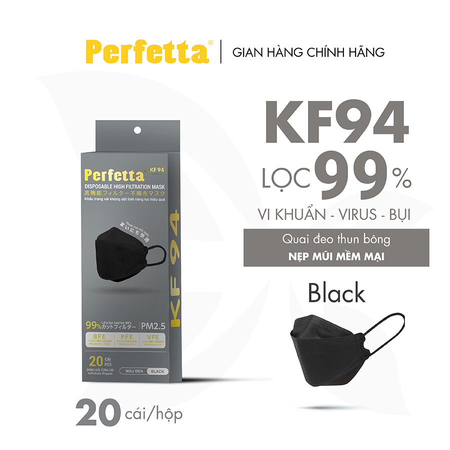 Khẩu Trang Y Tế Cao Cấp Perfetta KF94, Thanh Nẹp Mũi Mềm Mại (20 Cái/Hộp)