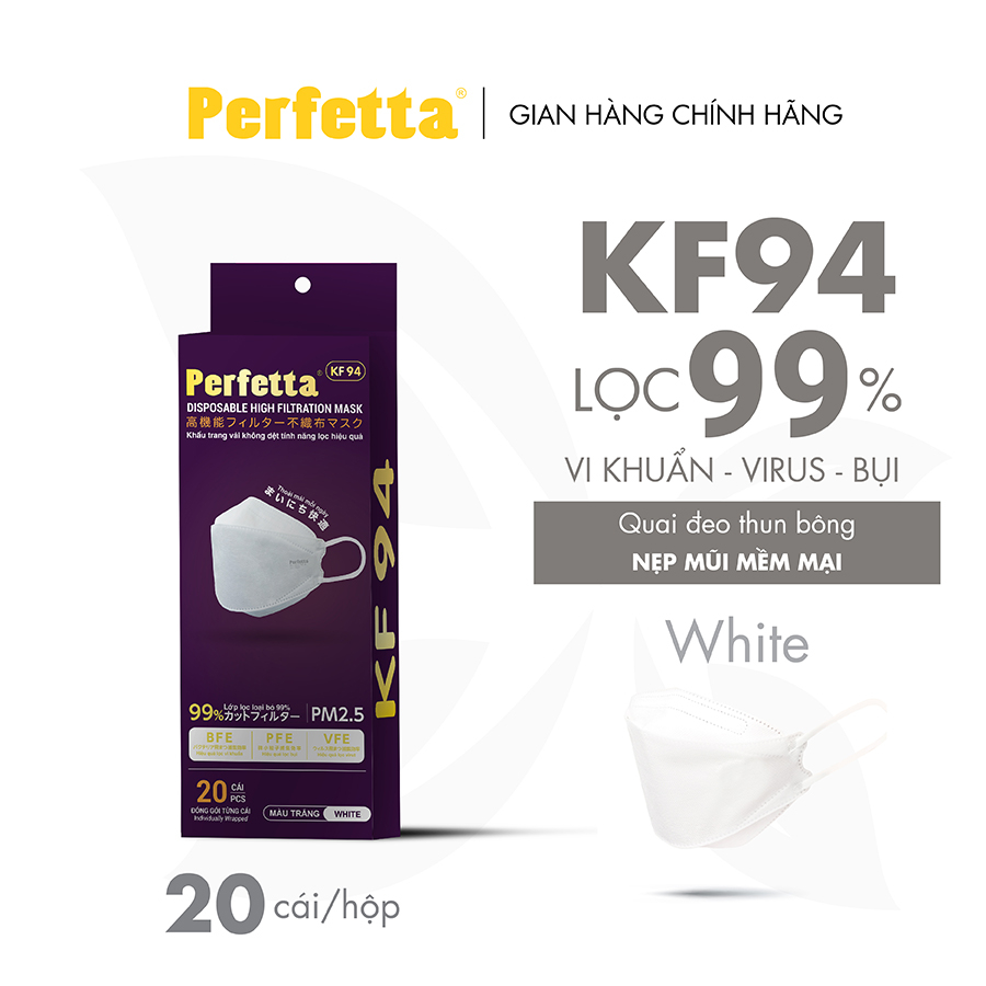 Khẩu Trang Y Tế Cao Cấp Perfetta KF94, Thanh Nẹp Mũi Mềm Mại (20 Cái/Hộp)