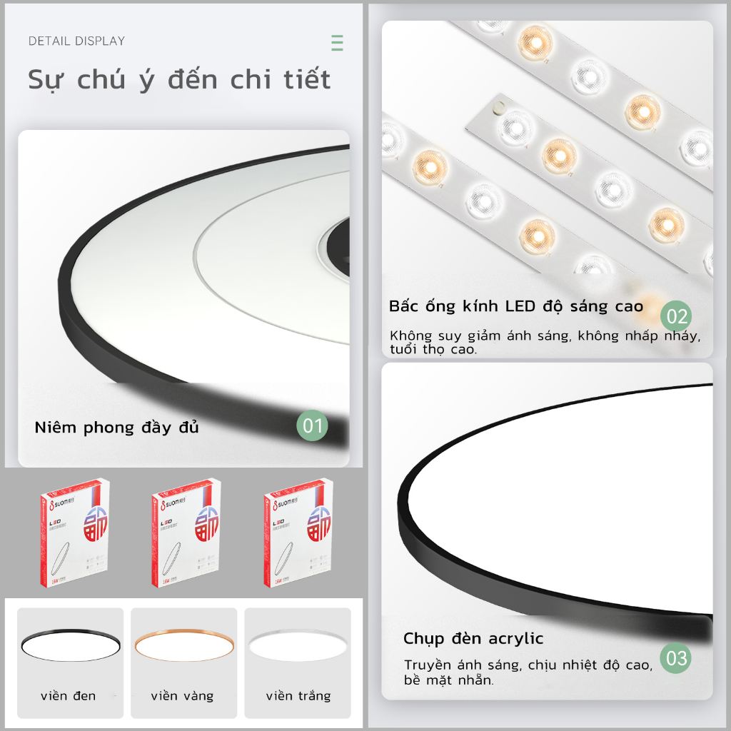 Đèn led âm trần tròn 3 màu 40W, kiểu dáng mỏng, màu trắng tinh khiết, ánh sáng trắng, màu ấm.