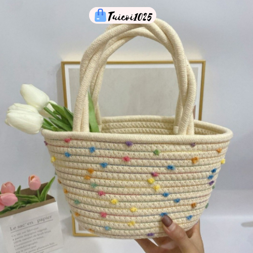 Túi Cói Đi Biển Vintage Mini Đẹp Cầm Tay Xinh Xắn Phong Cách Hàn Quốc Đi Chơi Du Lịch