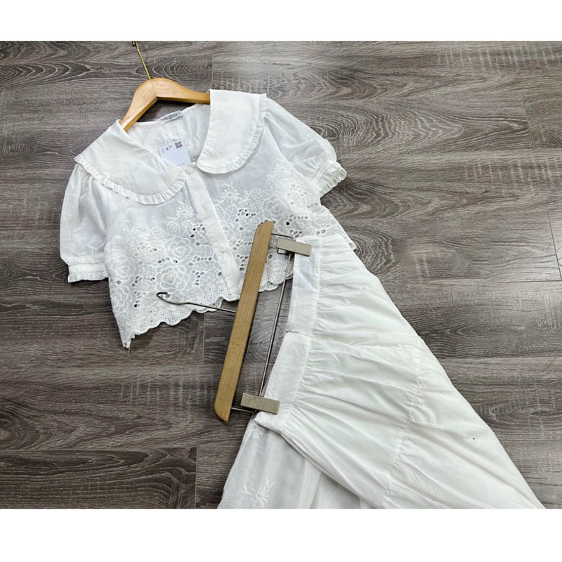 Set Váy Áo Tiểu Thư Áo Sơ Mi Cổ Sen Croptop Mix Chân Váy Xòe Dài SB5033 - TVXQC