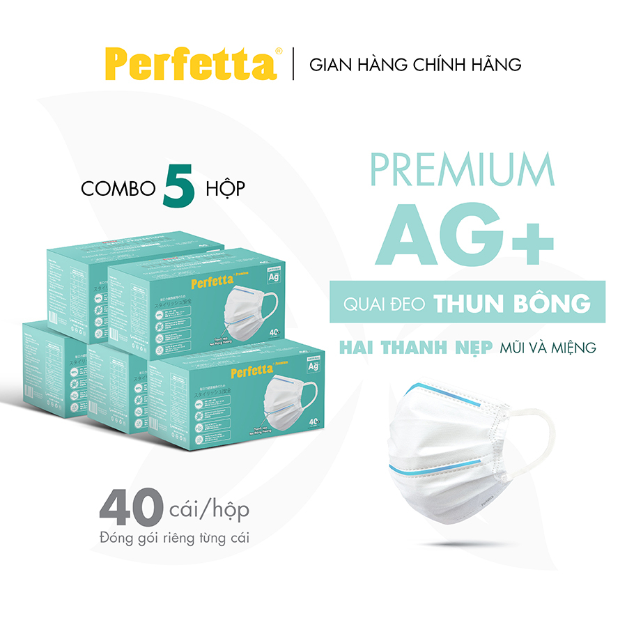 [Premium AG+] Combo 5 Hộp Khẩu Trang Cao Cấp Chuẩn Nhật Perfetta Premium AG+, 2 Thanh Nẹp Thông Thoáng (40 cái/hộp)