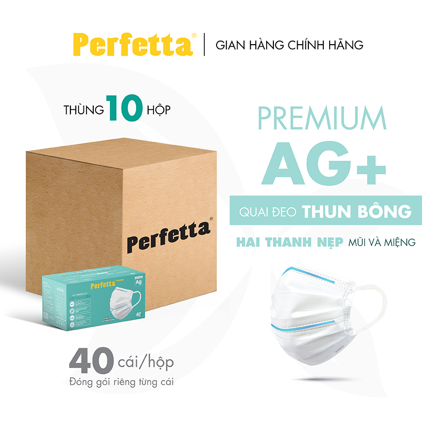 [Thùng 400 cái] Khẩu Trang Cao Cấp Chuẩn Nhật Perfetta Premium AG+, 2 Thanh Nẹp Thông Thoáng (40 cái/hộp)