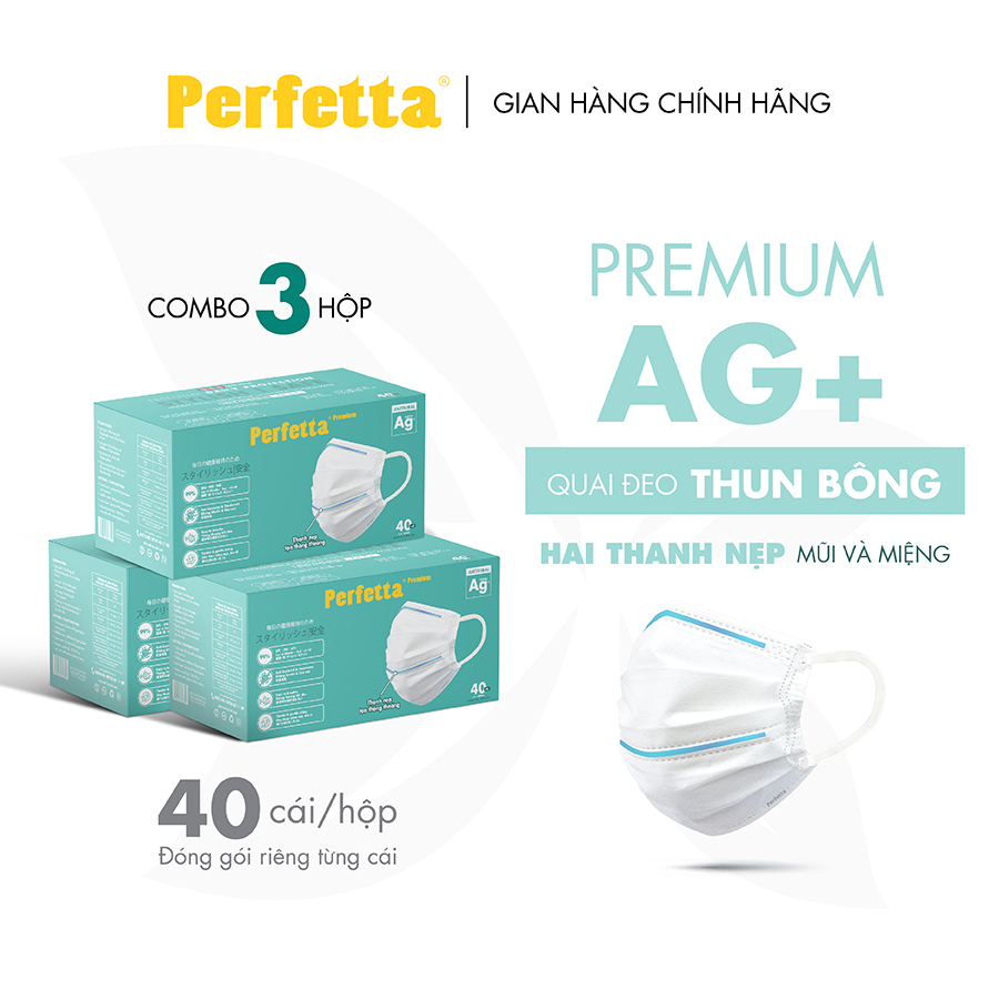 [Premium AG+] Combo 3 Hộp Khẩu Trang Cao Cấp Chuẩn Nhật Perfetta Premium AG+, 2 Thanh Nẹp Thông Thoáng (40 cái/hộp)